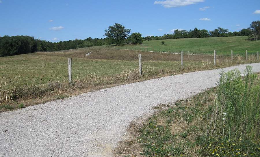 The trail then turns right (east) to follow the fence-line, then turns left (north) to go through the cow pasture.