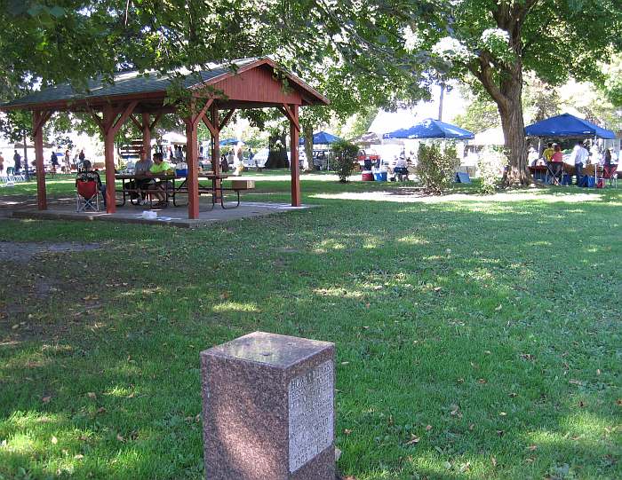 The picnic shelter, with the Memorial Stone in front.