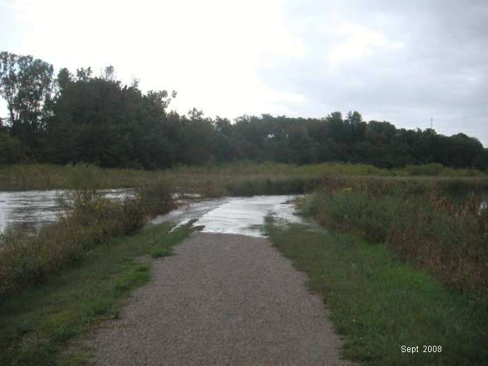September, 2008, during the flood.  Water is overflowing the dike (and trail).