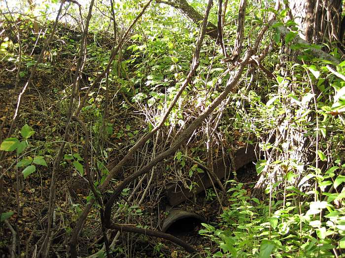 The south end of a drainage pipe under the roadbed put in by the railroad in 1945.