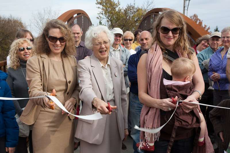 The second ribbon cutting, opening the bridge itself. Two of the Matkin daughters help.